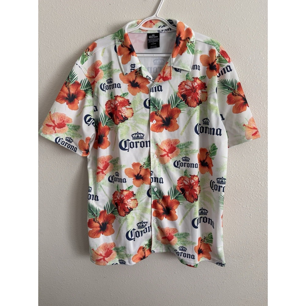 Corona Extra Men's XL Hawaiian Shirt Hibiscus Tropical Floral Button Up Beer